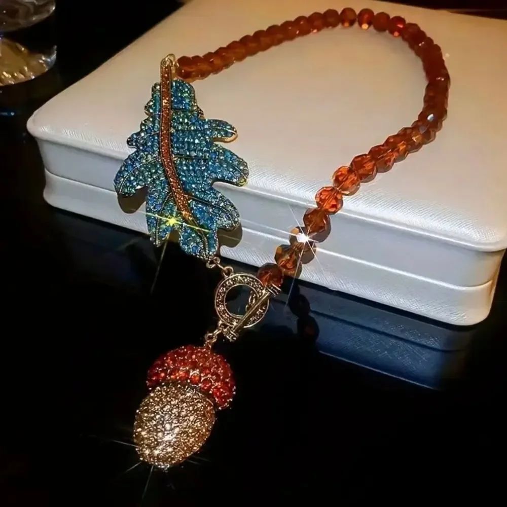 18K Gold Plated Acorn & Leaf Crystal Statement Necklace